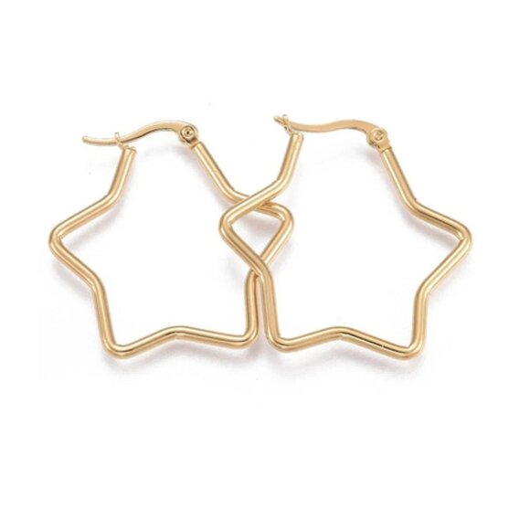 1 1/4 Inch 35mm Hoop Gold Star Pierced Post Earrings - Picture 1 of 4